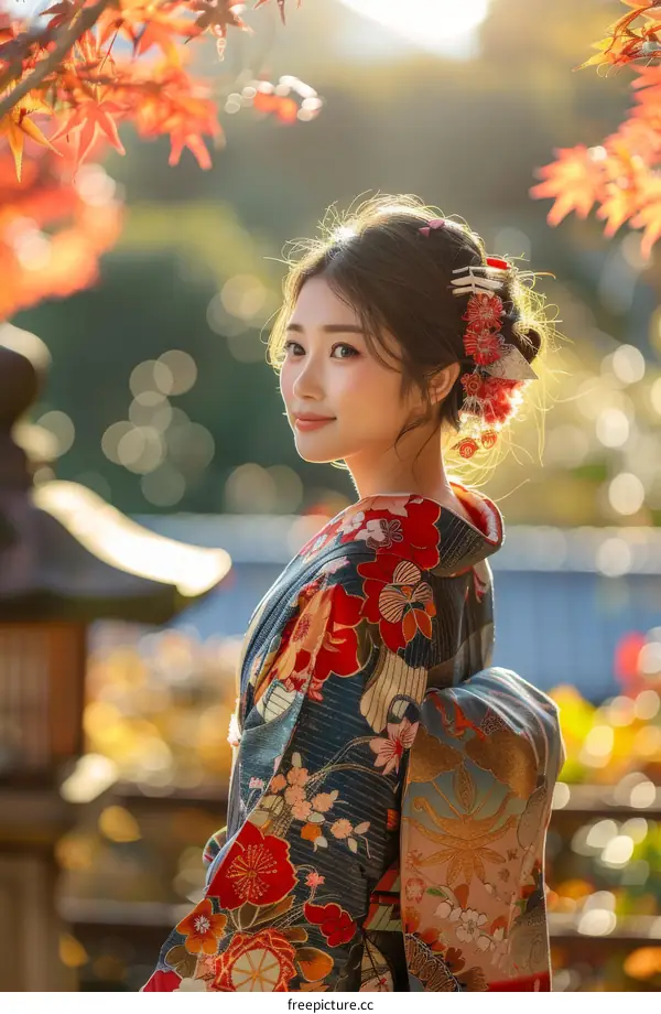 Portrait of a young woman in a kimono standing in a garden