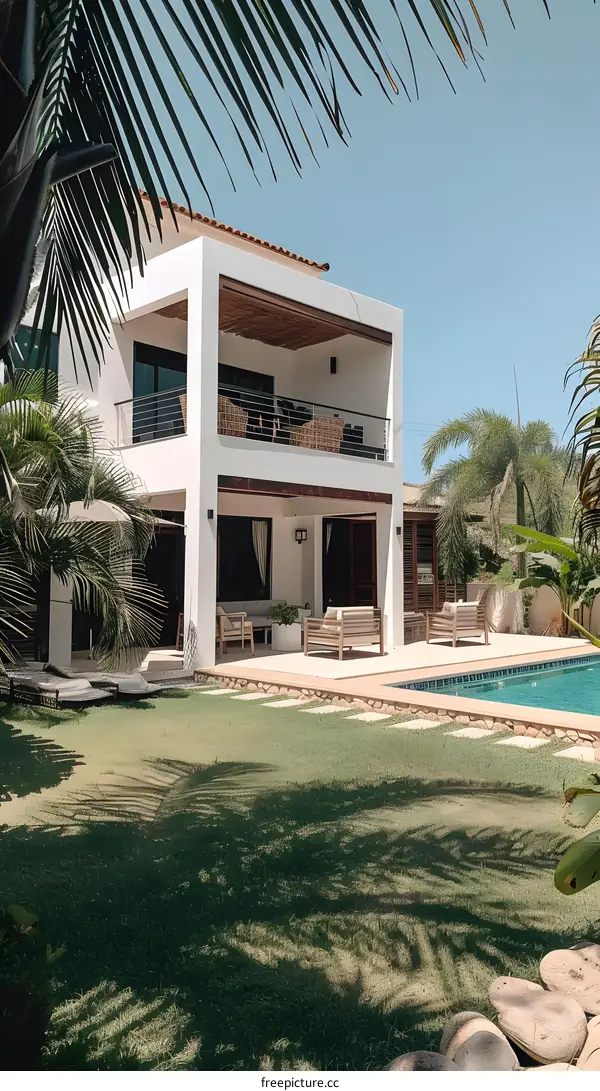 Modern Villa with Pool and Palm Trees in Tropical Paradise