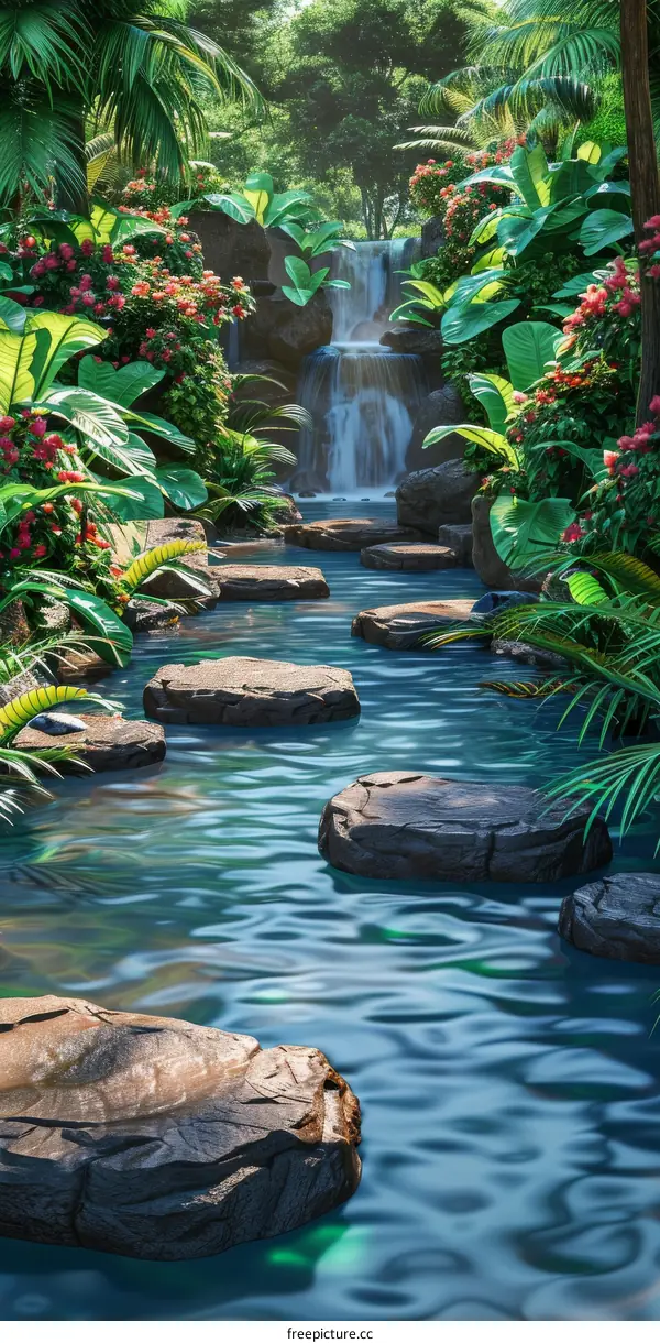 Tropical Waterfall Paradise with Stepping Stones