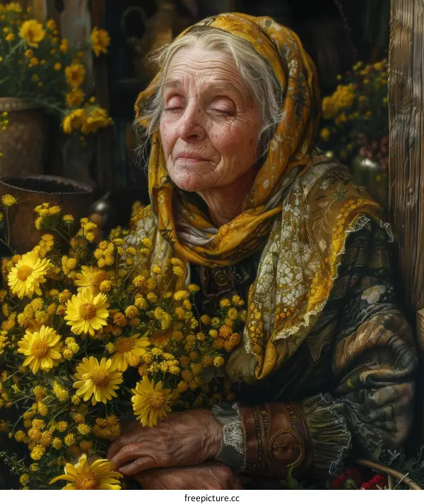 Elderly Woman with Yellow Flowers Detailed Portrait