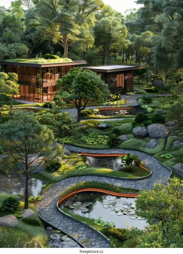 A Lush Forest Path Leads to Modern Buildings