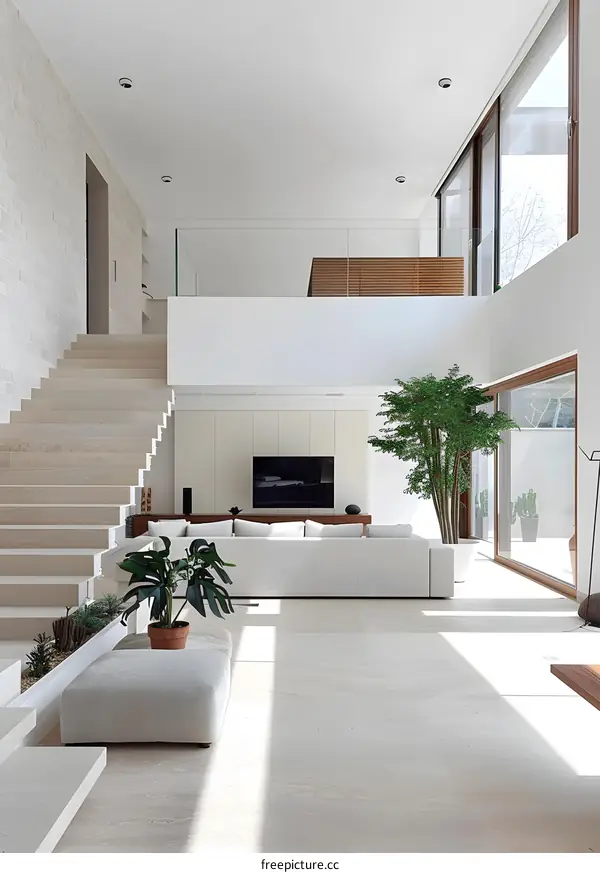 Modern Interior Design with Staircase, Living Room, and Large Windows