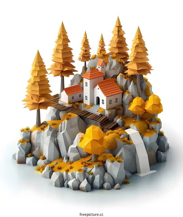 A small house on a rocky hill surrounded by trees