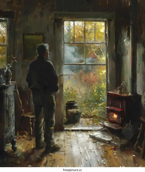 An Old Man Standing in Front of a Fireplace and Looking Out the Window at an Autumn Landscape