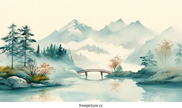 Misty Mountain Landscape with Bridge