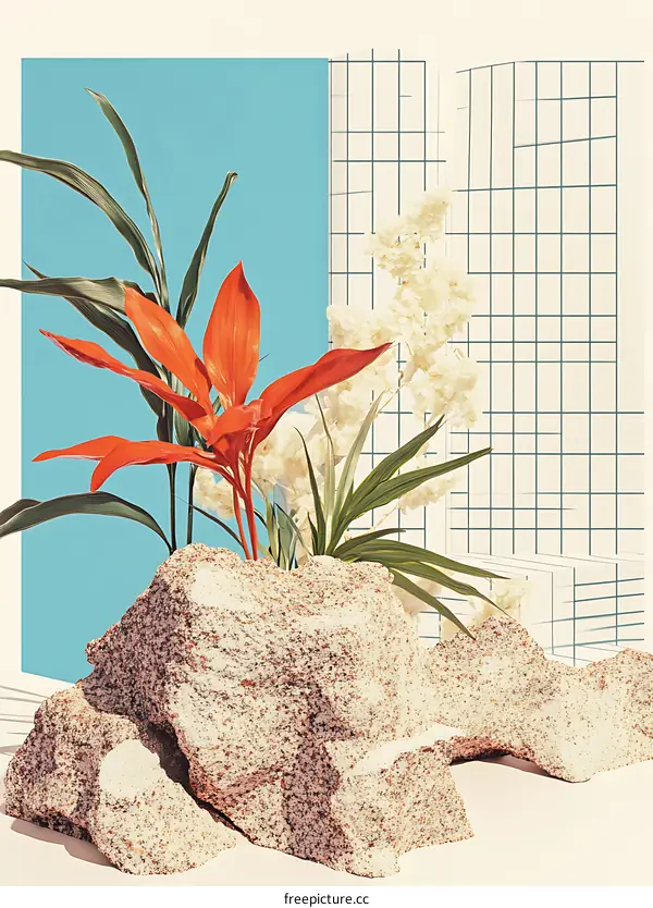 Abstract Minimalist Art with Rocks and Plants