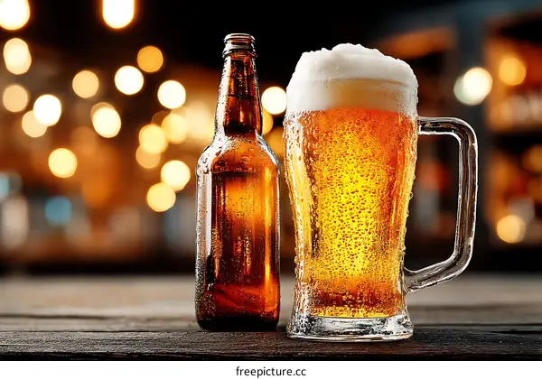 Cold Beer Bottle and Glass on Wooden Table