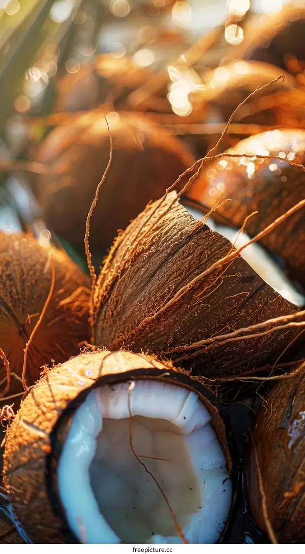 Close-up of a pile of coconuts