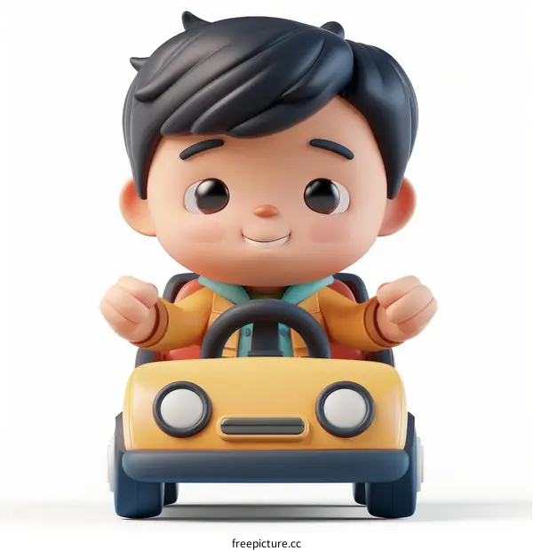 3D Illustration of Happy Boy Driving Yellow Toy Car