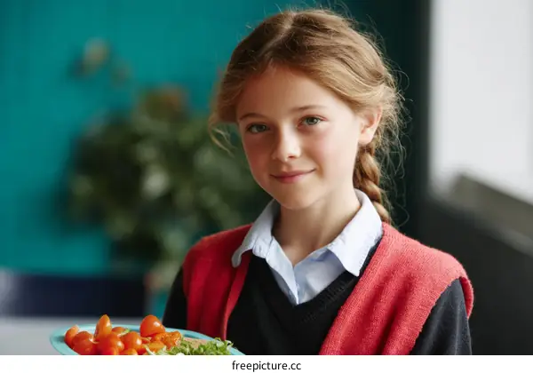 Smiling Caucasian Girl Holding a Healthy Lunch Tray