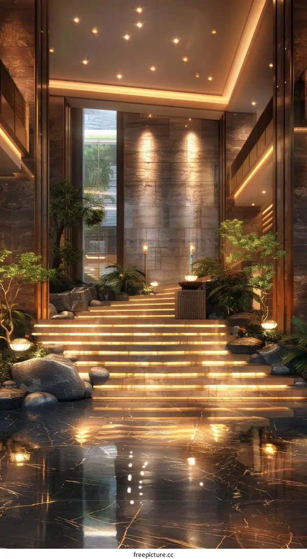 Luxury Modern Lobby with Waterfall Staircase