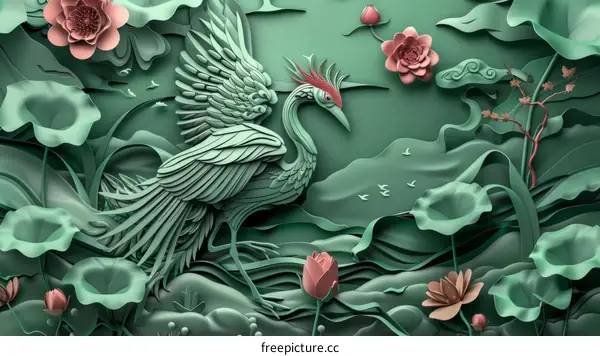 3D Green Peacock with Lotus Flowers and Leaves
