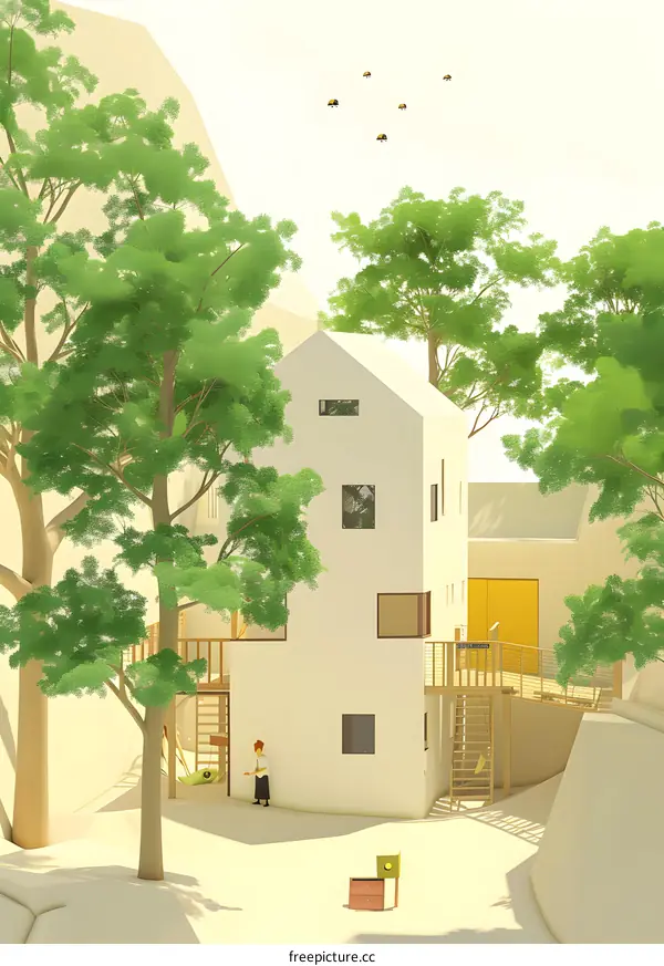 Modern House with Tree and Bees Illustration
