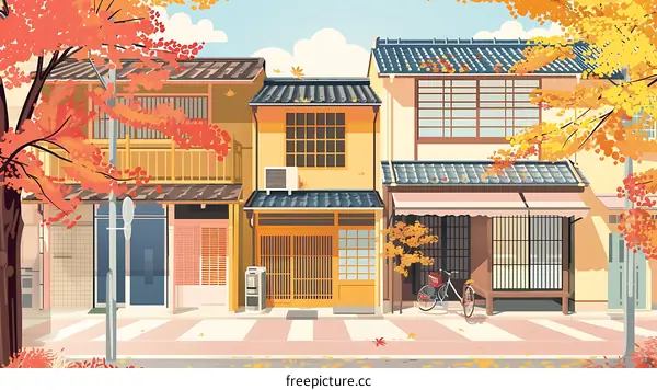 Autumn Street Scene in Japan with Traditional Architecture and Maple Trees