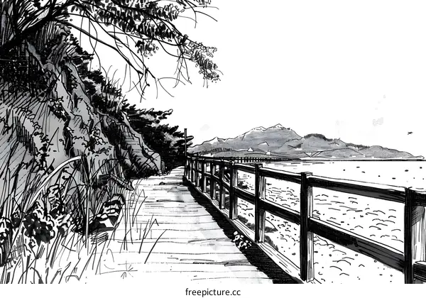 Black and White Illustration of a Wooden Pier