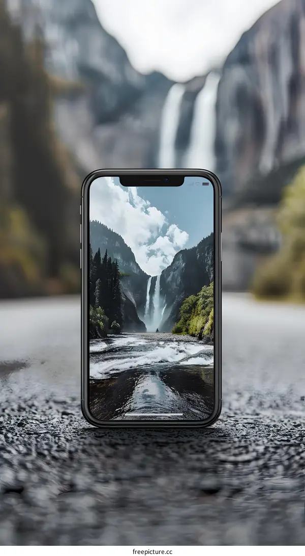 Smartphone Displaying a Waterfall Landscape