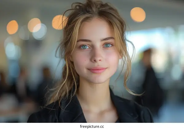Portrait of a beautiful young woman with blue eyes and freckles