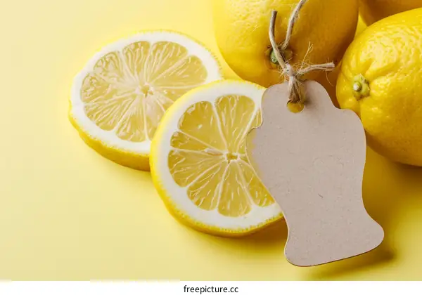 Close-up of fresh lemons with tag on yellow background