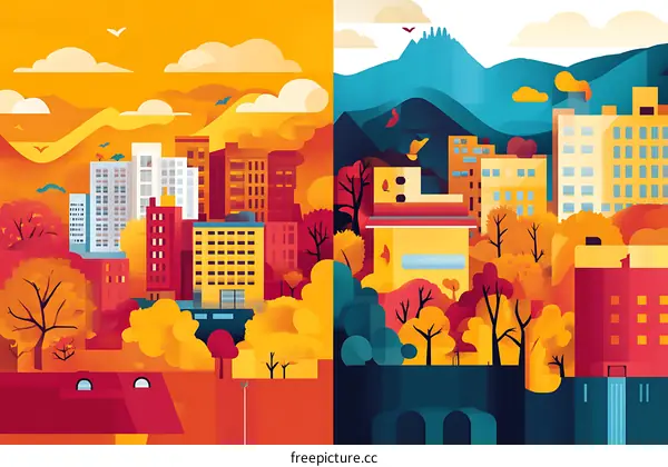 Cityscape Illustration with Two Different Seasons