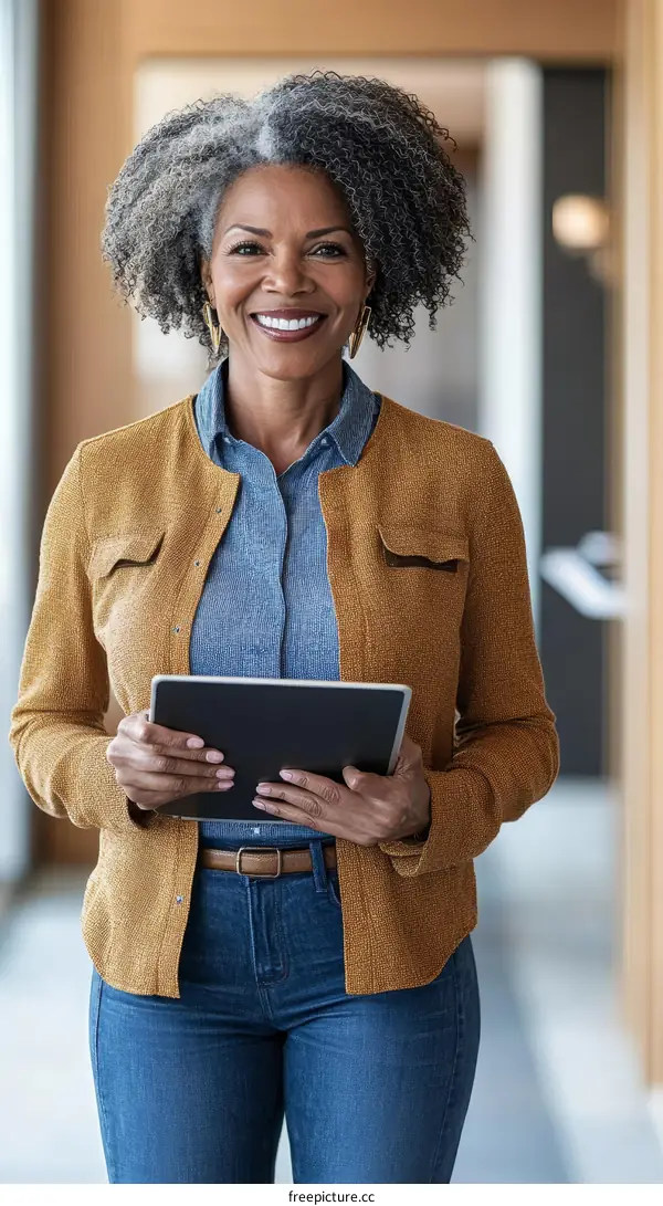 Professional Woman Holding Tablet in Modern Office