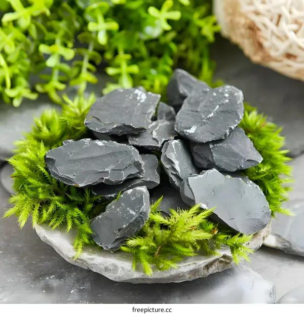 Gray Slate Rocks with Green Moss on a Stone Base