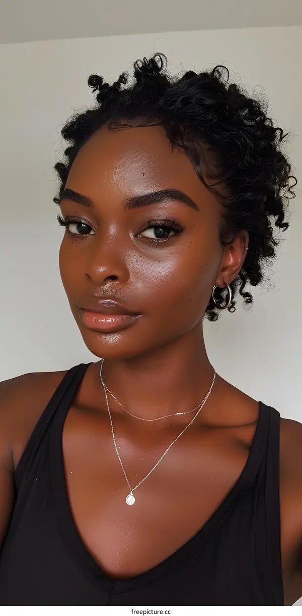 Close Up Portrait Of A Young Black Woman With Curly Hair