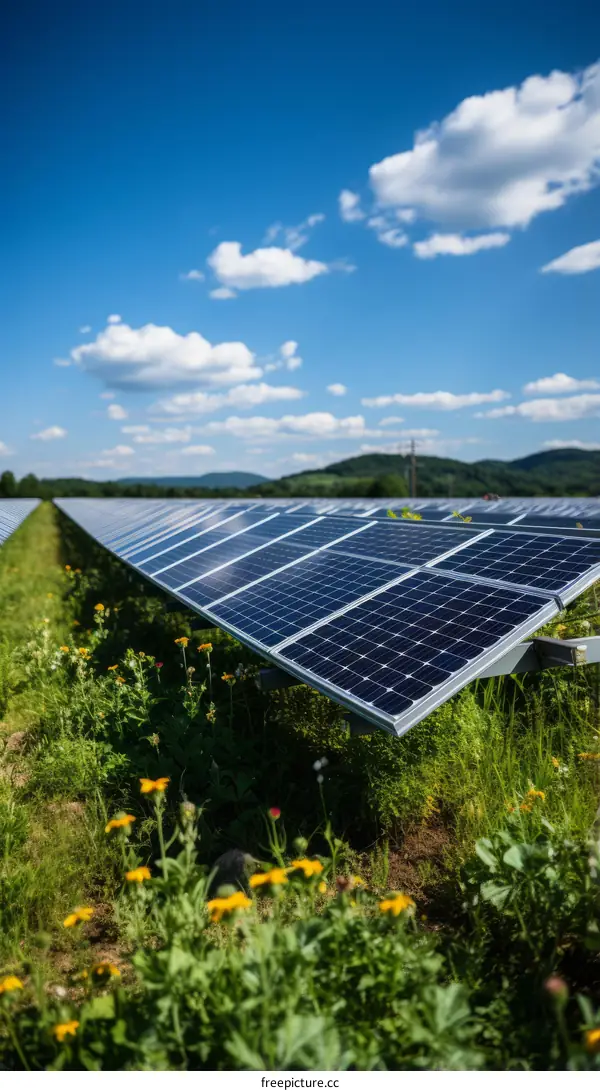 Large solar farm with wildflowers in foreground