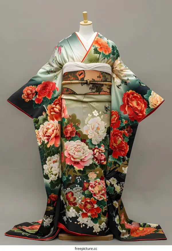 A kimono with a pattern of peonies and butterflies