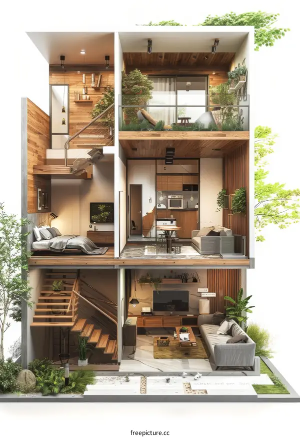 Modern house interior with wooden furniture