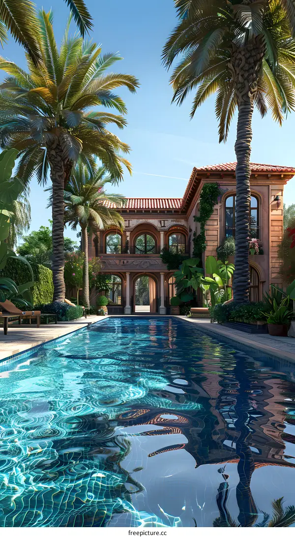 Courtyard of a Spanish style villa with pool