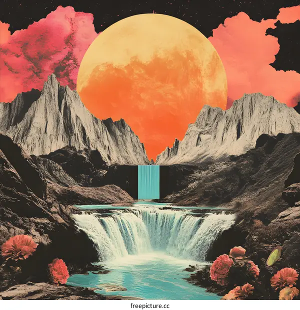 Fantasy Landscape With Waterfall and Full Moon