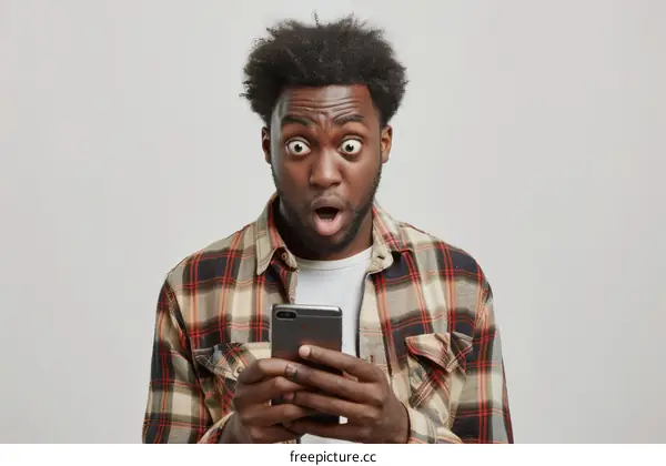 Shocked young African-American man looking at his phone