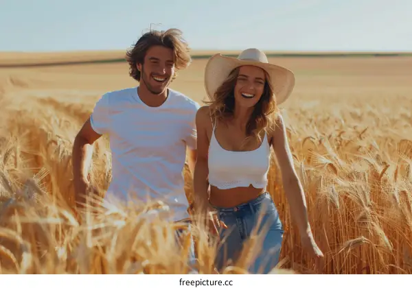 Young couple running through a wheat field