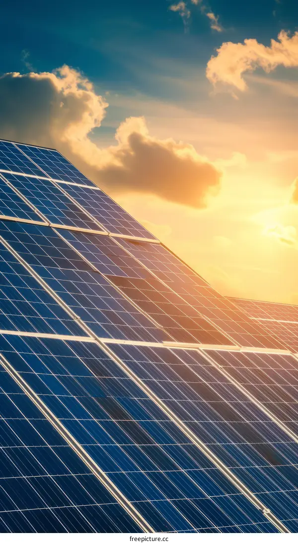 Close up of solar panels at sunset
