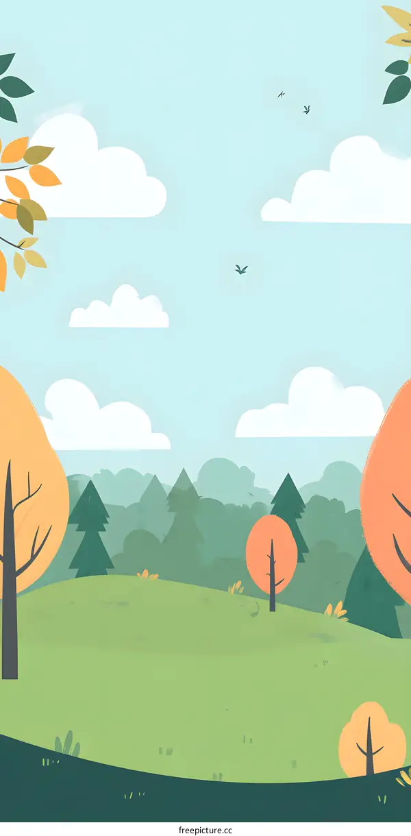 Simple Illustration of a Green Forest with Clouds and Birds in the Sky