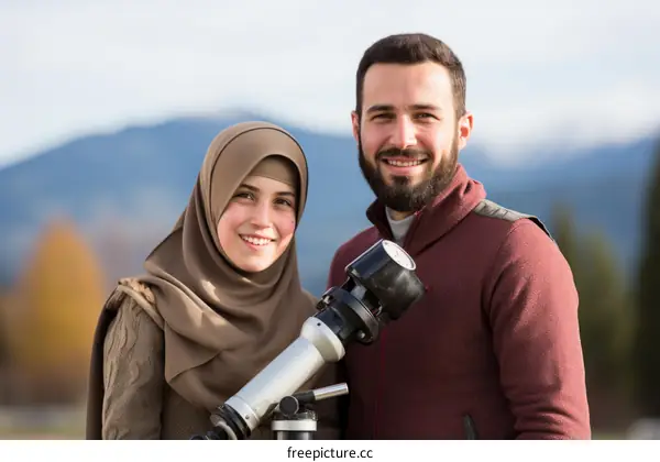 A young Muslim couple is looking through a telescope.