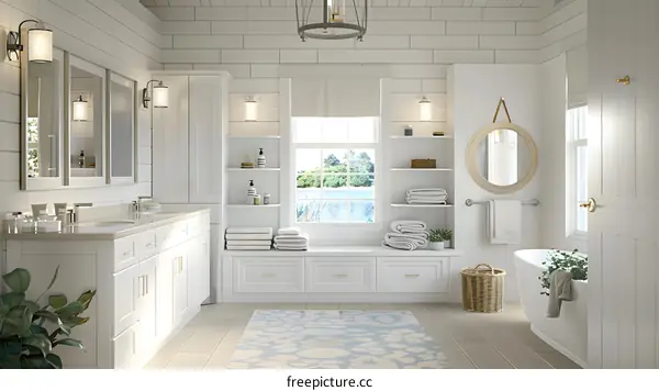 A beautiful bathroom with a large window and a freestanding bathtub