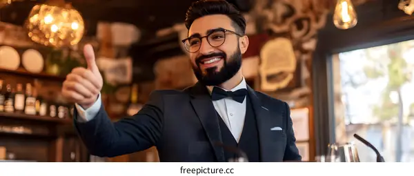 Man in Suit Giving Thumbs Up in Bar