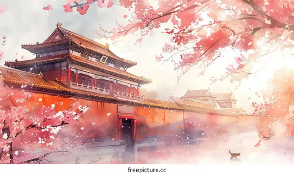Chinese ancient architecture and pink peach blossoms