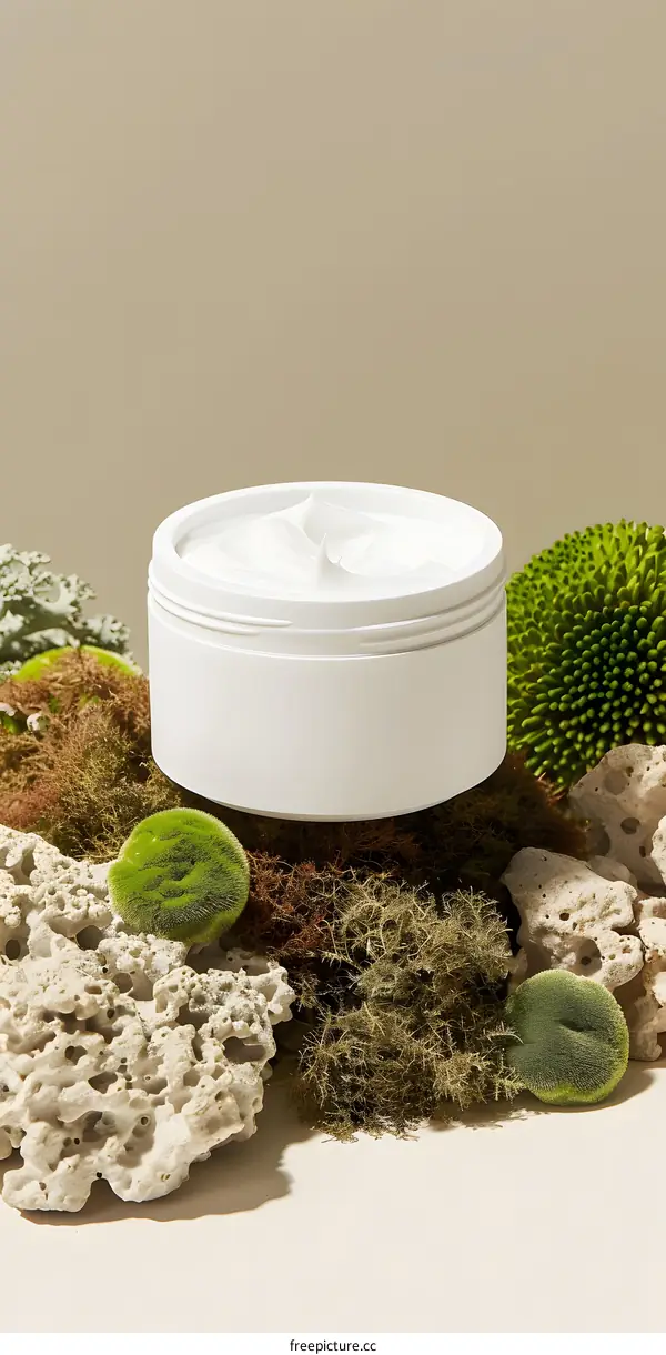 White Cream Jar With Green Moss And Rocks