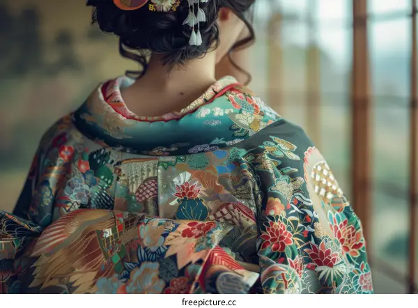 A woman wearing a kimono with a floral pattern