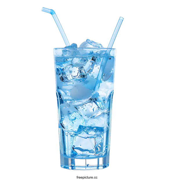 [Transparent Background PNG]Glass of Cold Refreshing Blue Soda with Ice and Straws