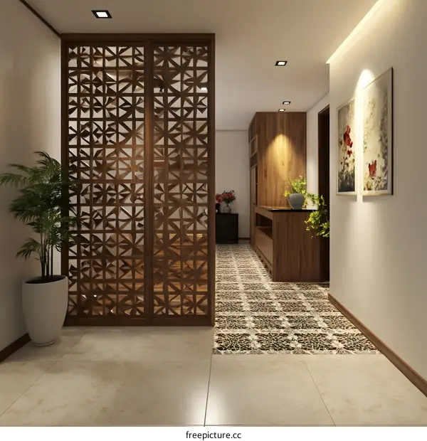 Modern Interior Design with Wooden Partition and Geometric Patterned Tile Floor