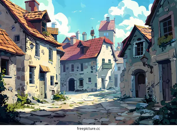 fantasy medieval town street with stone houses
