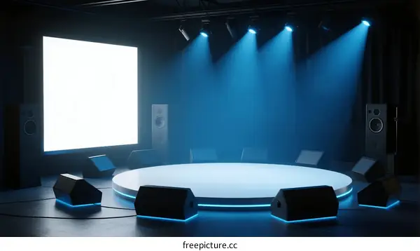 Stage with bright lights and empty audience seats