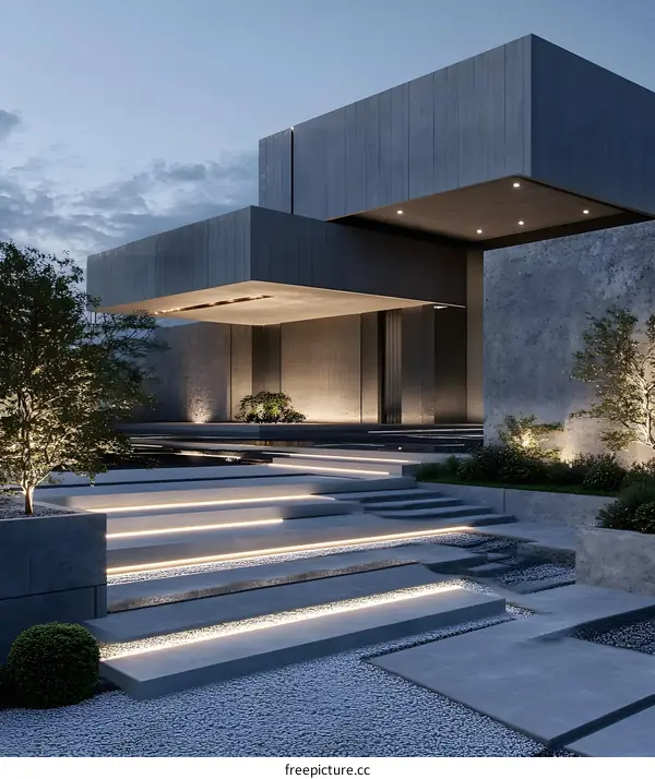 Modern Minimalist Concrete House Exterior Design With Steps And Lighting