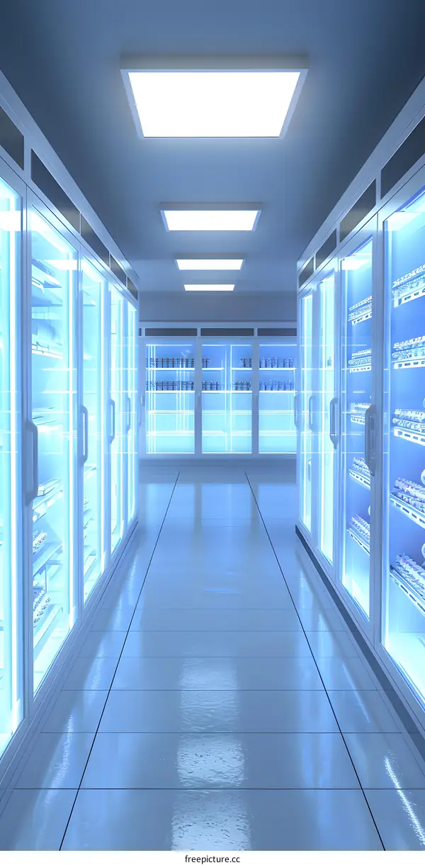 Refrigerator Storage Room with Rows of Glass Doors