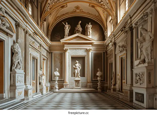 Interior of an Ancient Roman Building with Statues