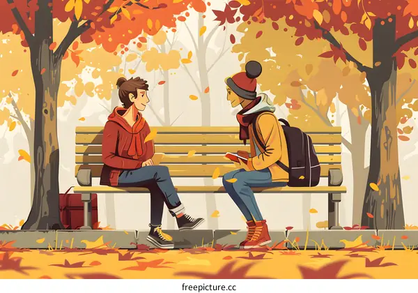 Two People Sitting on a Bench in Autumn