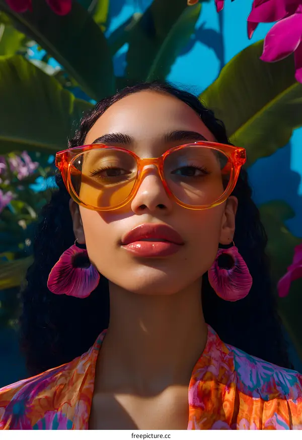 Young Woman Wearing Flower Earrings and Sunglasses